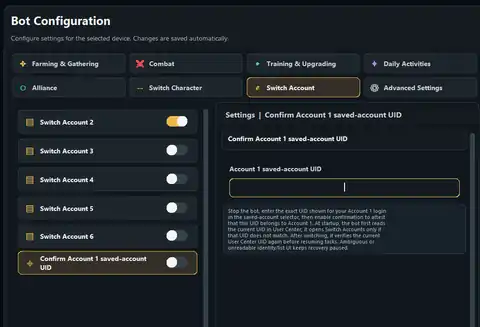 KingdomFlow Bot Configuration with Switch Account selected and the Confirm Account 1 saved-account UID field visible