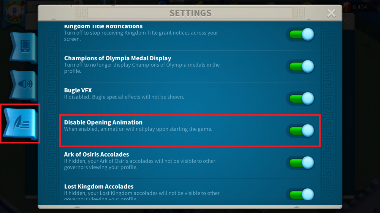 Rise of Kingdoms settings with Disable Opening Animation toggle highlighted