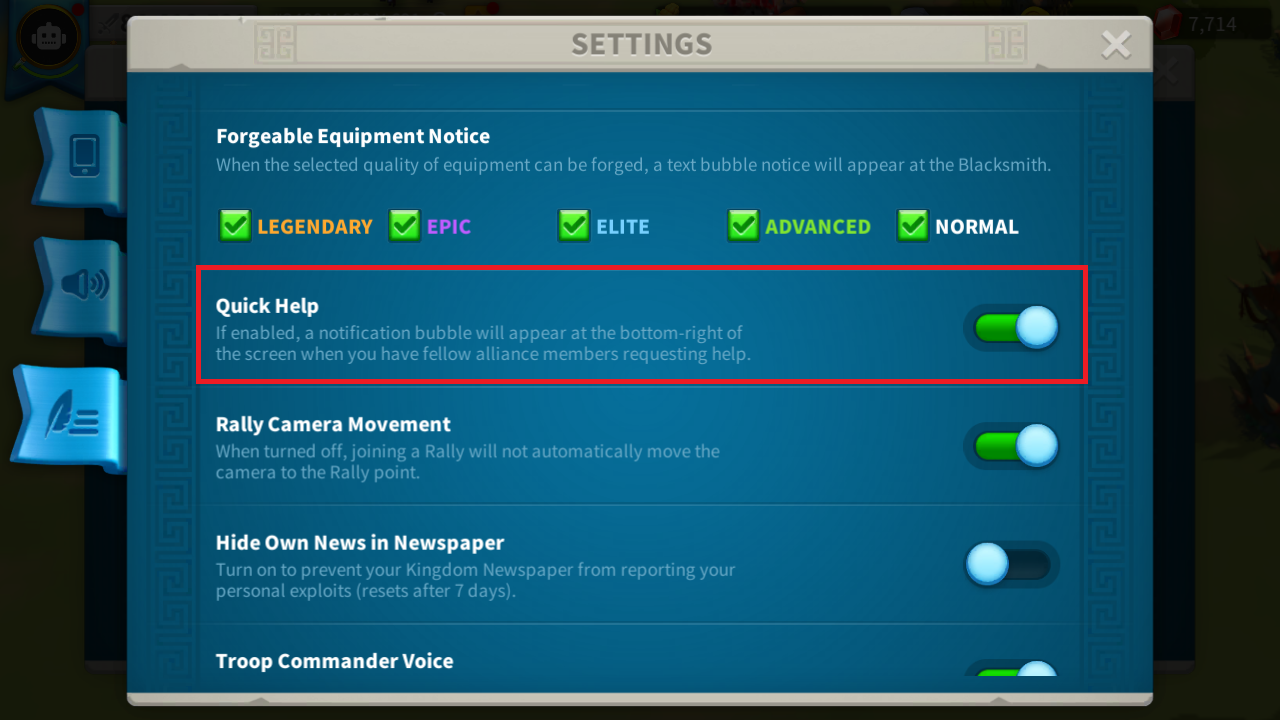Rise of Kingdoms game settings with Quick Help option highlighted and enabled