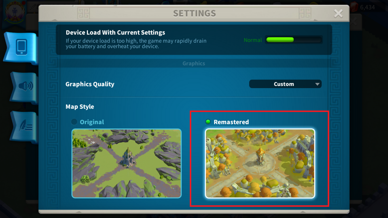 Rise of Kingdoms graphics settings with Remastered map style selected