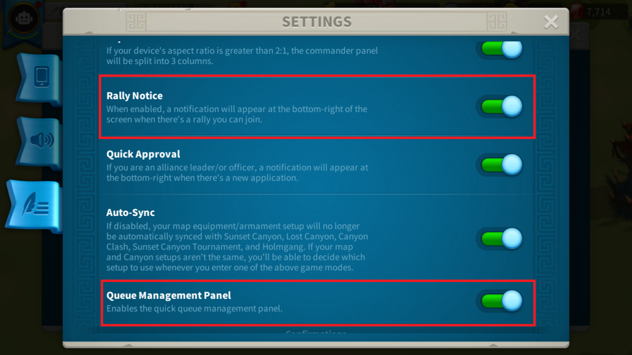 Rise of Kingdoms settings showing Rally Notice and Queue Management Panel enabled