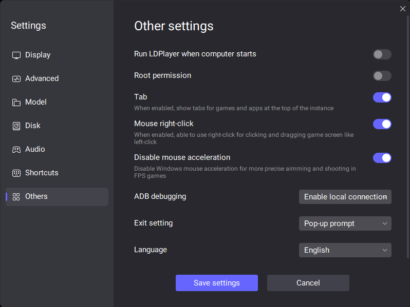LDPlayer Other settings screen showing ADB debugging and Enable local connection